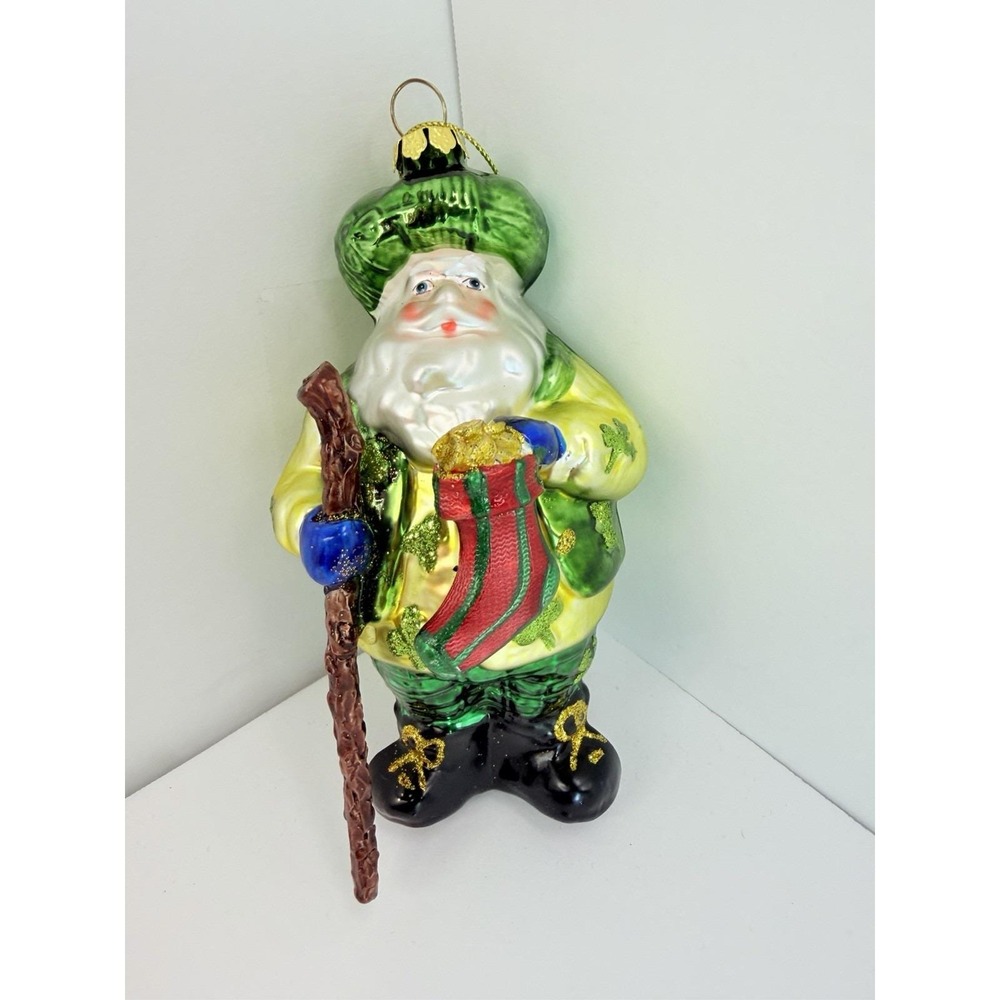 Irish Santa Shamrock Walking Stick Stocking Glass Ornament St Patrick Christmas